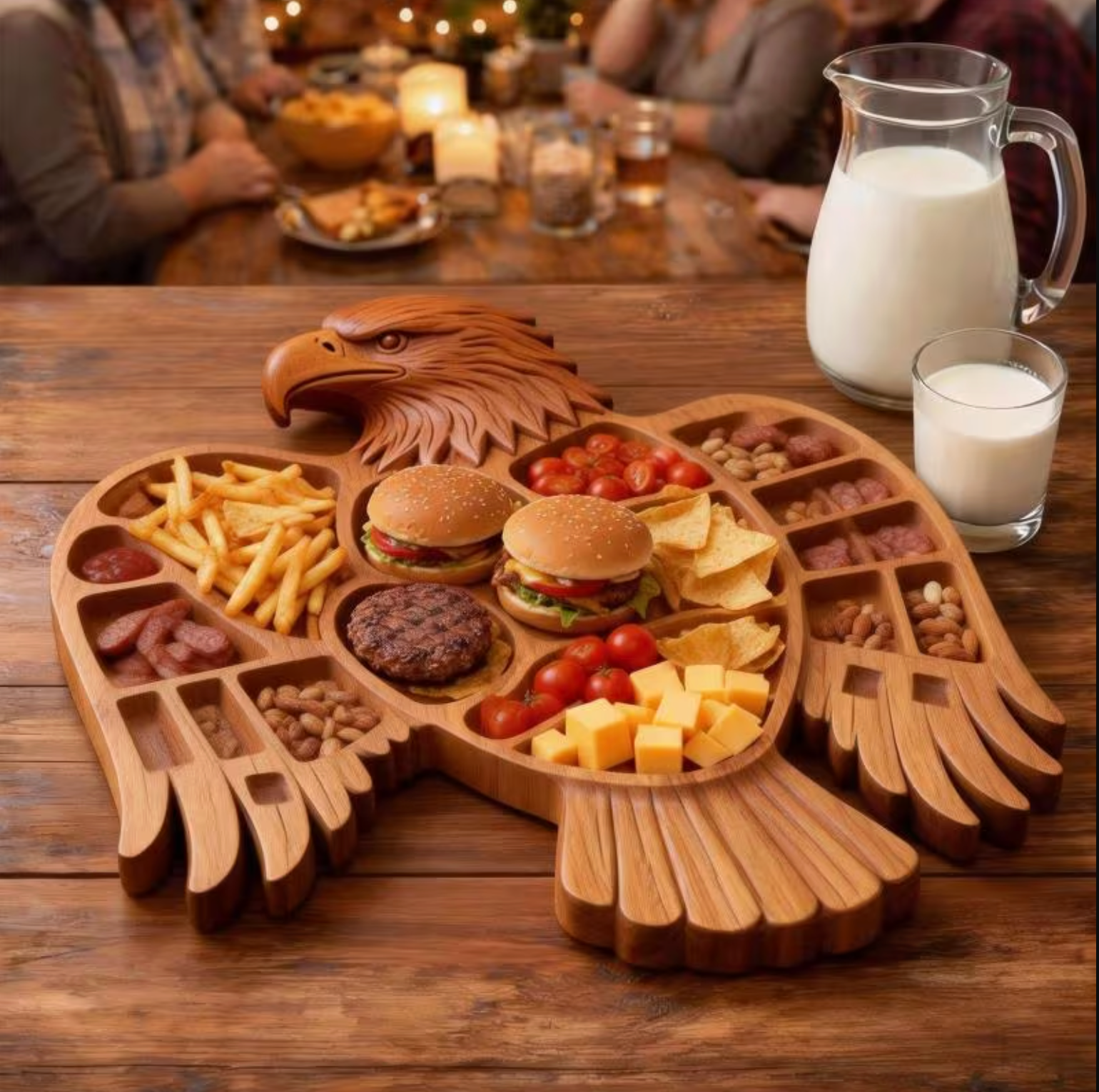 Eagle wooden charcuterie board with divided compartments for patriotic party hosting
