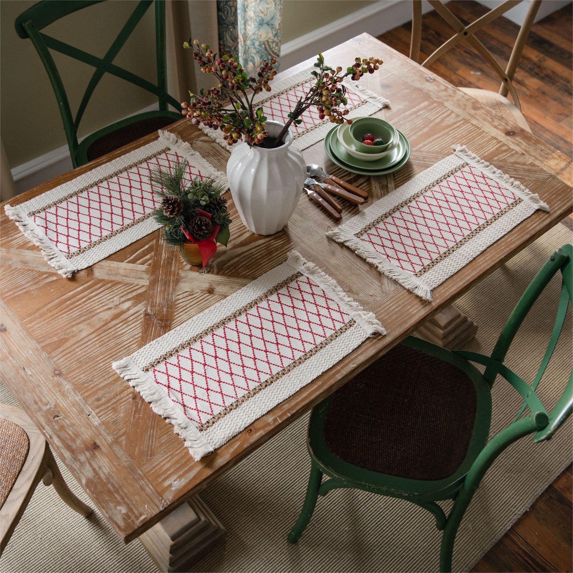 Eco-Friendly Geometric Placemats – Rustic Cotton and Flax Blend with Durable Design 0