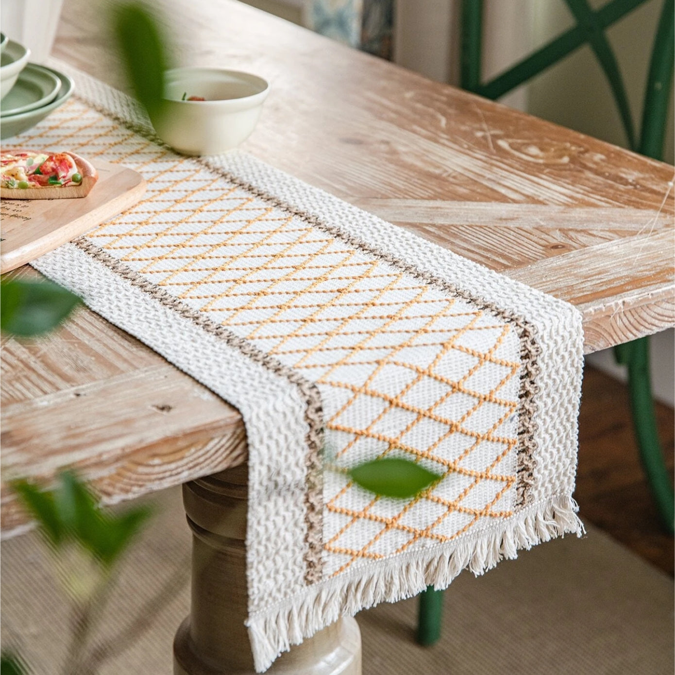 Eco-Friendly Geometric Table Runner – Intricate Weave with Fringe Edges in Cotton-Flax Blend 0