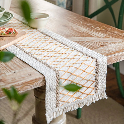 Eco-Friendly Geometric Table Runner – Intricate Weave with Fringe Edges in Cotton-Flax Blend