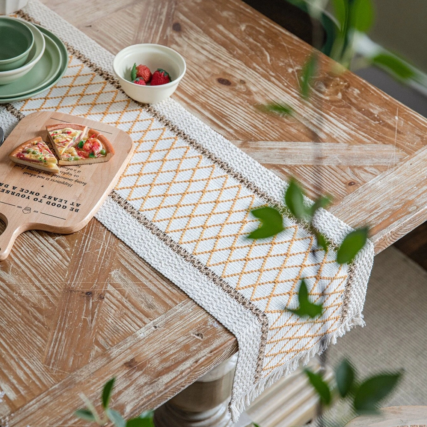 Eco-Friendly Geometric Table Runner – Intricate Weave with Fringe Edges in Cotton-Flax Blend 1
