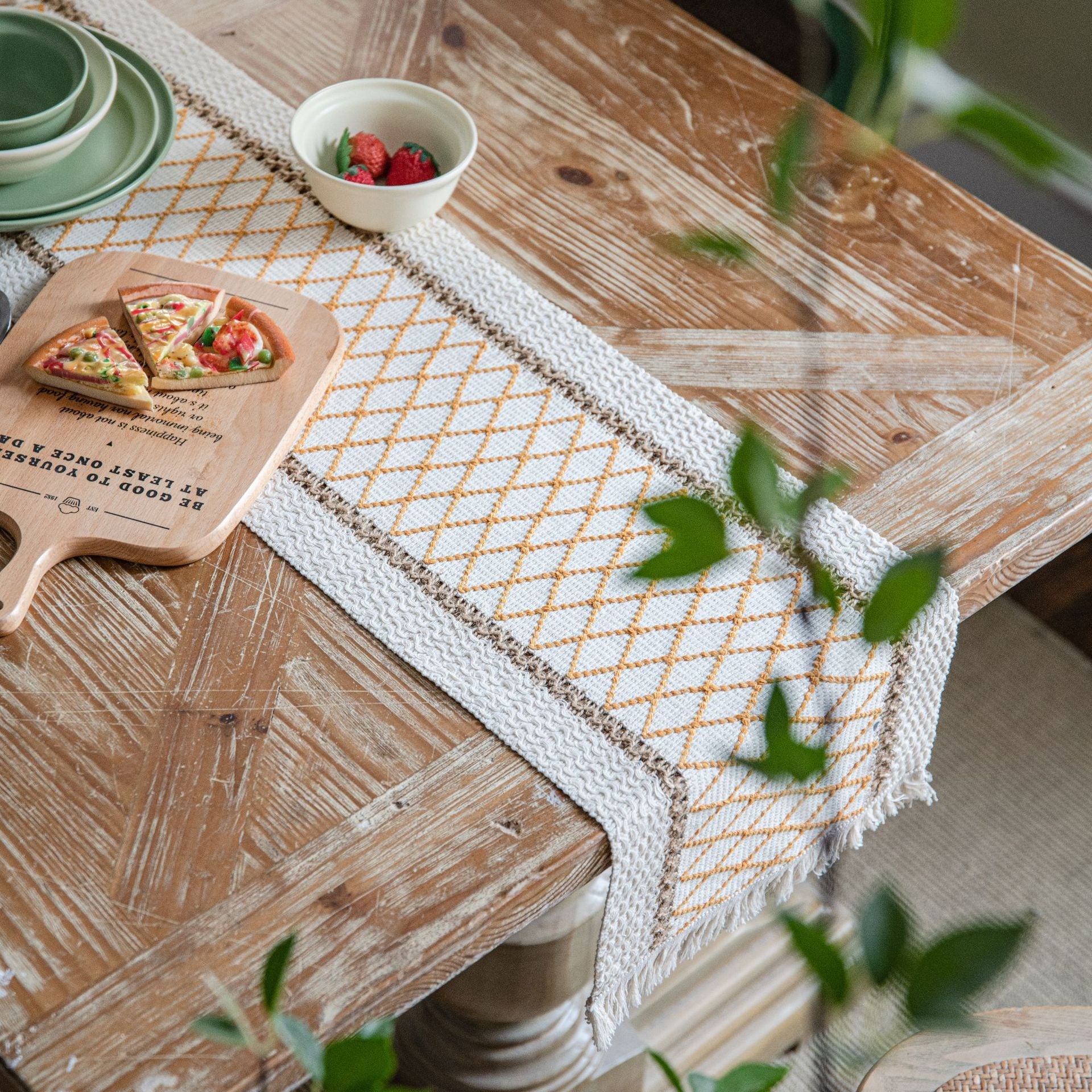 Eco-Friendly Geometric Table Runner – Intricate Weave with Fringe Edges in Cotton-Flax Blend 4