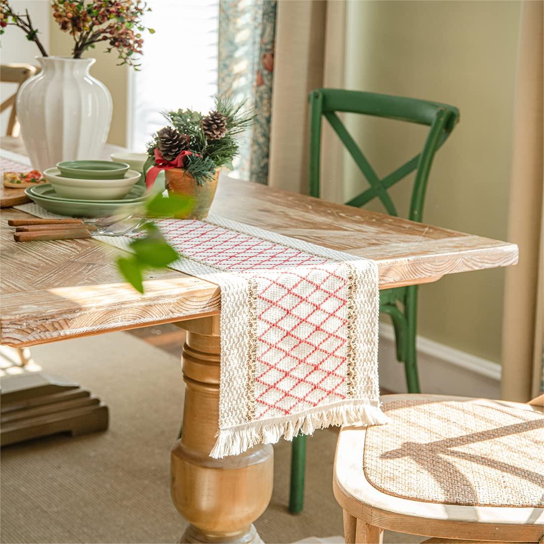 Eco-Friendly Geometric Table Runner – Intricate Weave with Fringe Edges in Cotton-Flax Blend 7