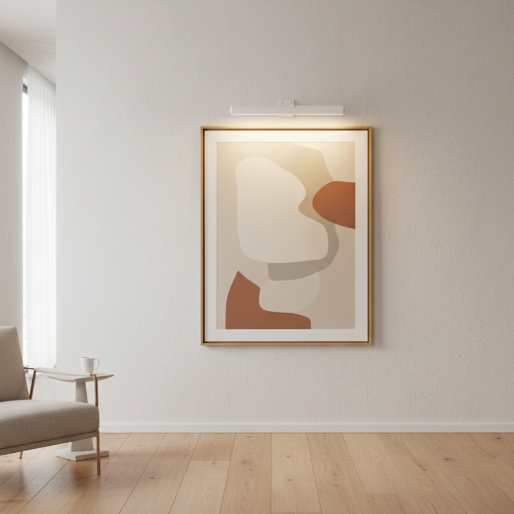White adjustable LED wall sconce casting warm glow on organic art