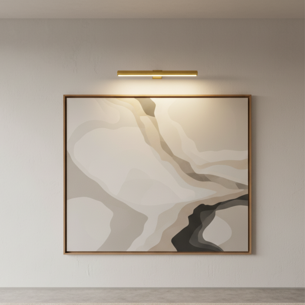 Gold cylindrical LED wall light highlighting abstract canvas art
