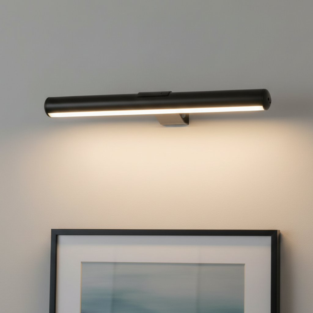 Close-up black cylindrical LED wall sconce with mounting bracket
