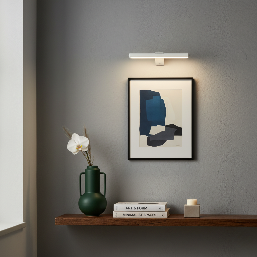White rectangular LED wall light over blue abstract art and shelf
