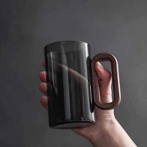 Elegant Glass Mug Set with Wooden Handle | Modern Highball Design and Heat Resistant