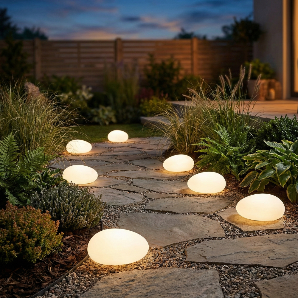 Frosted white solar pebble lights illuminating winding gravel path