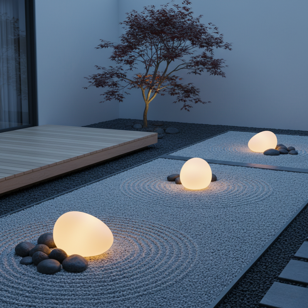 Minimalist Japanese garden with frosted solar lights on raked gravel