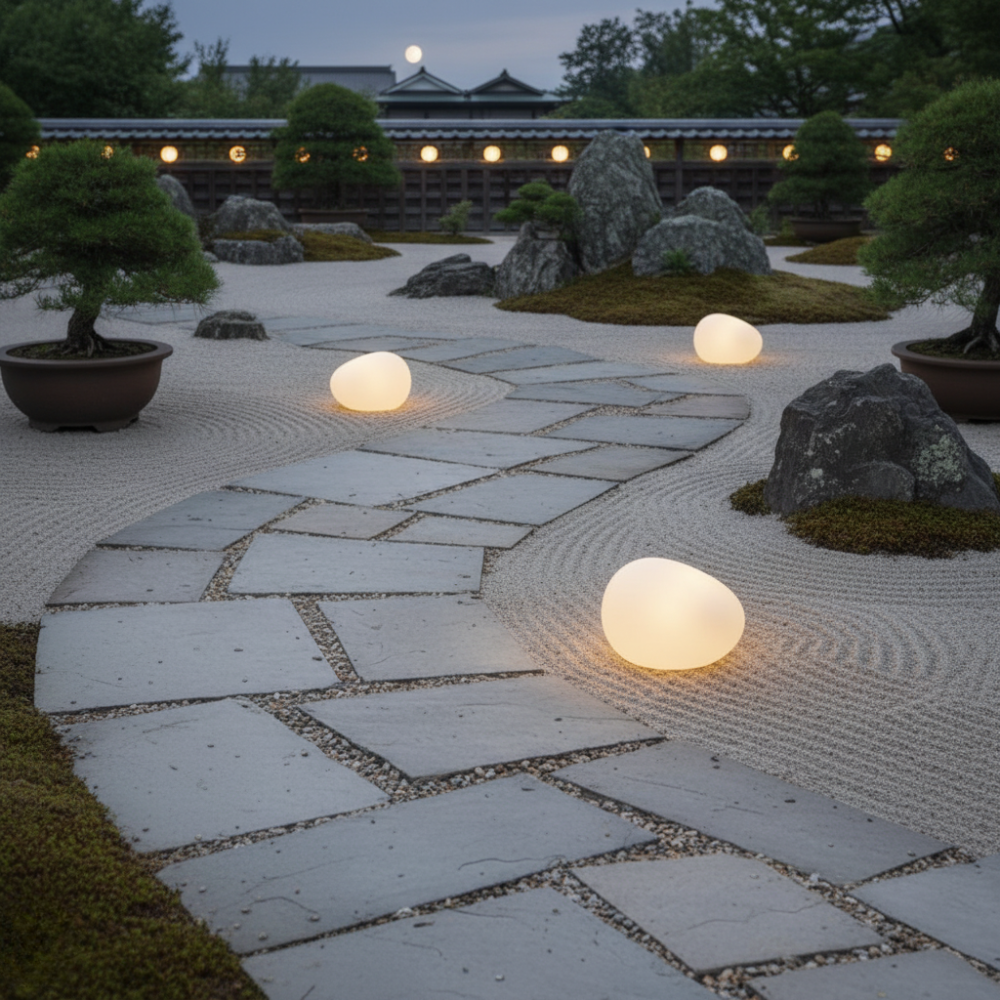 Opaque white solar lights in Japanese rock garden with bonsai