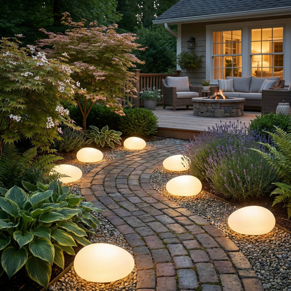 Solar garden lights lining backyard brick path near fire pit