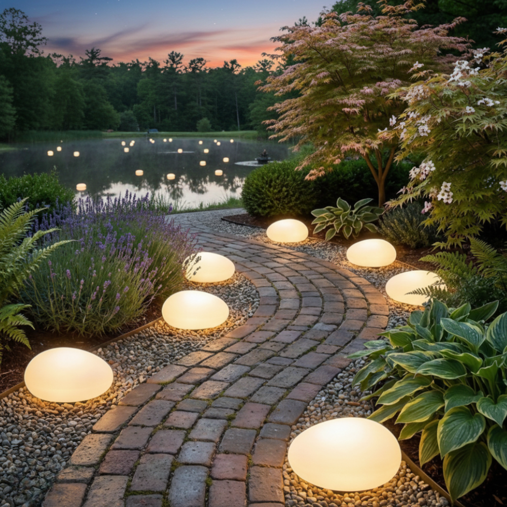 Oval solar pathway lights along curved brick walkway near pond