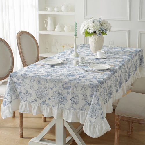 Elegant Blue Floral Tablecloth – Luxurious Cotton with Feminine Ruffles