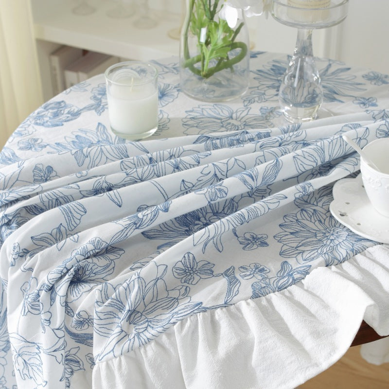 Elegant Blue Floral Tablecloth – Luxurious Cotton with Feminine Ruffles 1