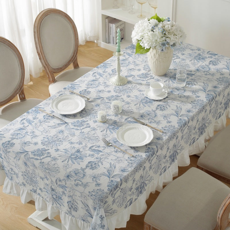 Elegant Blue Floral Tablecloth – Luxurious Cotton with Feminine Ruffles 3
