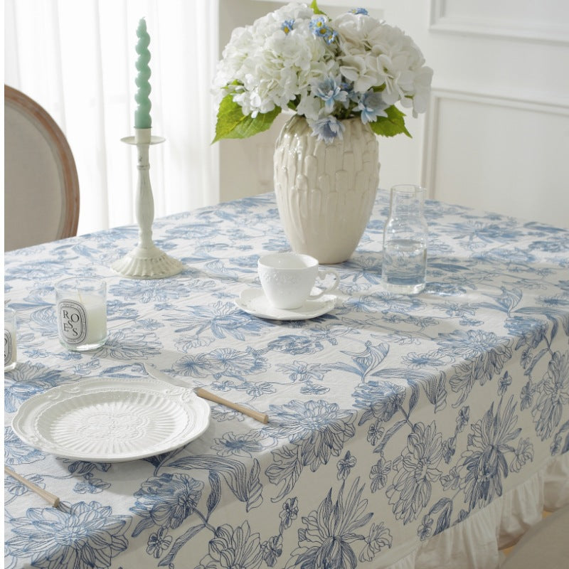 Elegant Blue Floral Tablecloth – Luxurious Cotton with Feminine Ruffles 4