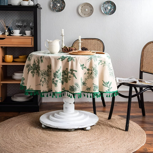 Elegant Boho Floral Tablecloth – Vintage Design with Tassel Trim, Cotton-Linen Blend