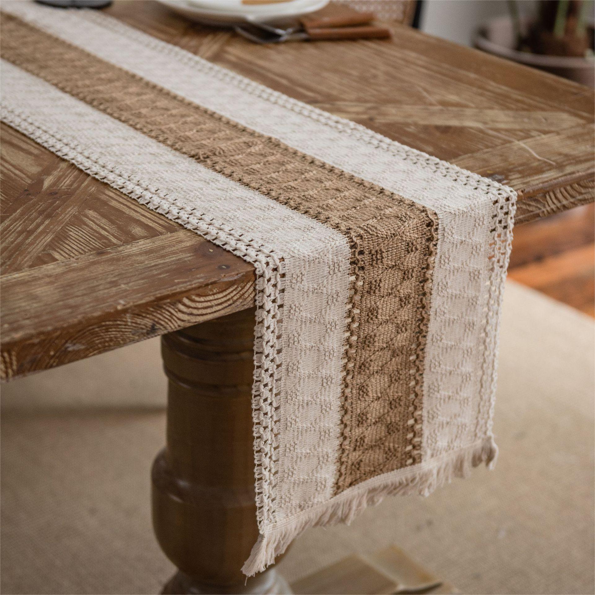 Elegant Boho Linen Table Runner – Unique Woven Design with Tassels 0