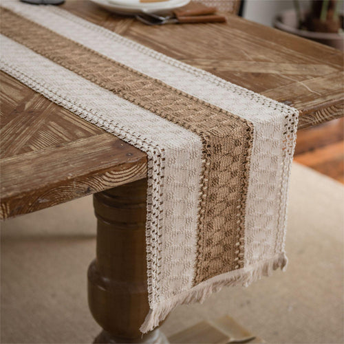 Elegant Boho Linen Table Runner – Unique Woven Design with Tassels
