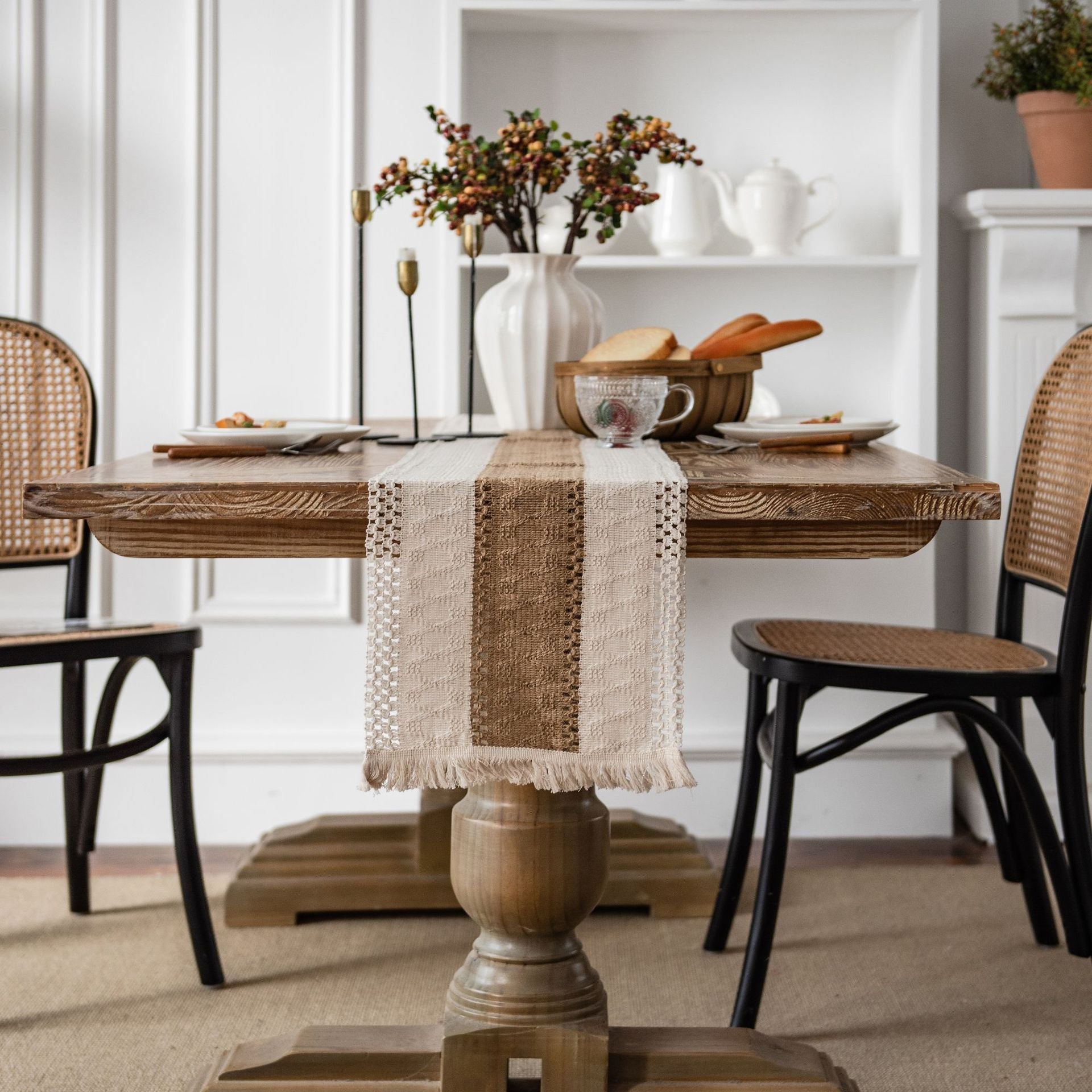 Elegant Boho Linen Table Runner – Unique Woven Design with Tassels 1