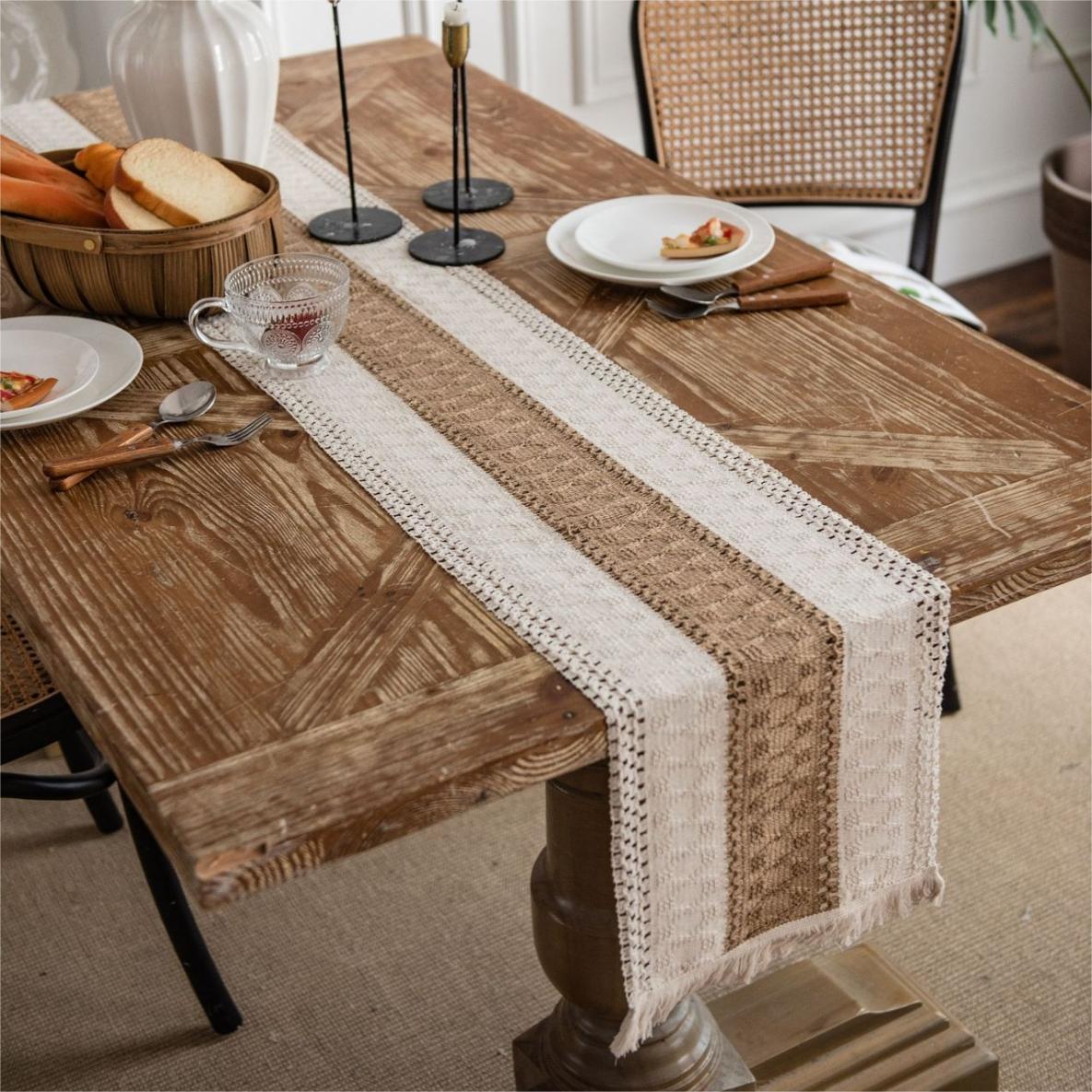 Elegant Boho Linen Table Runner – Unique Woven Design with Tassels 2