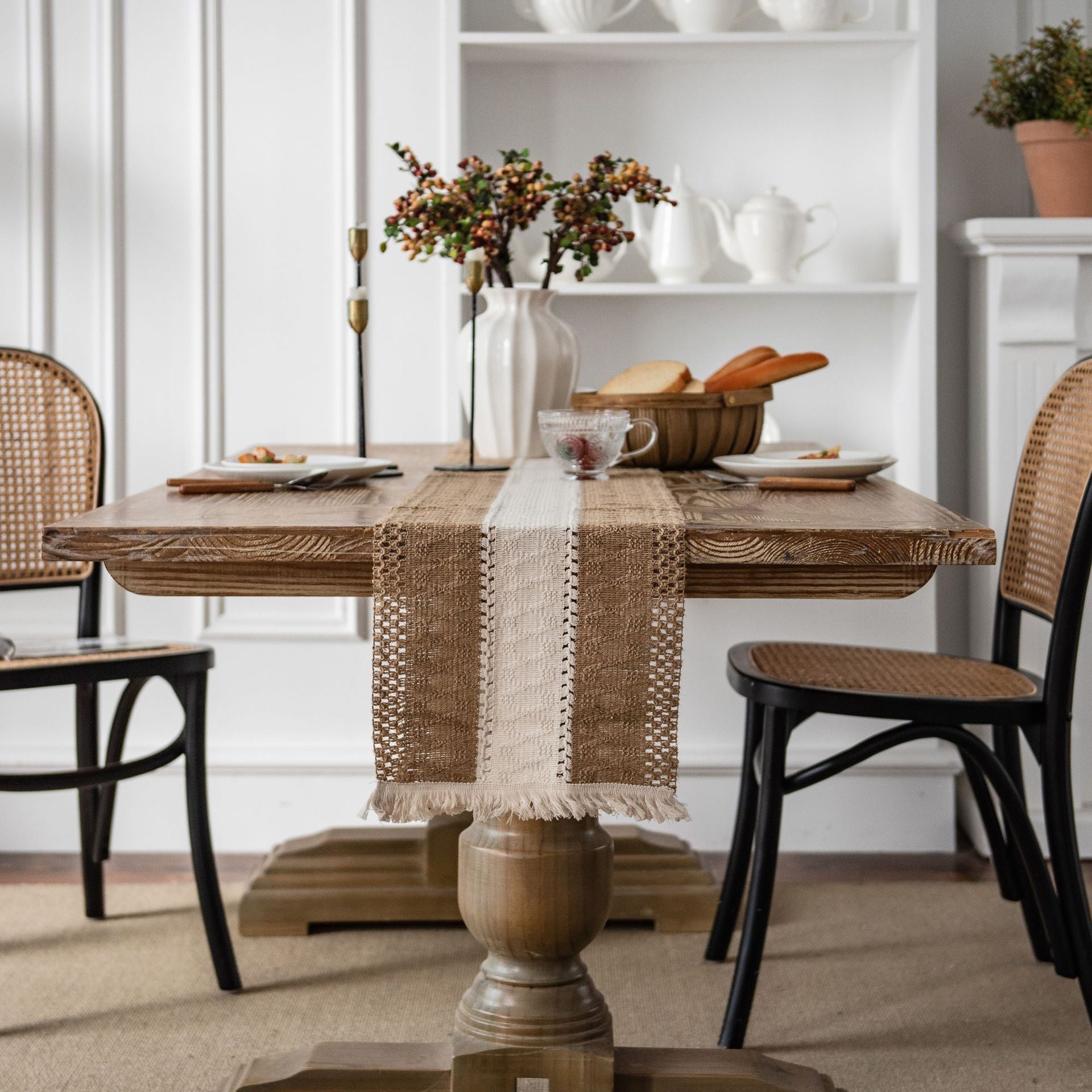 Elegant Boho Linen Table Runner – Unique Woven Design with Tassels 6