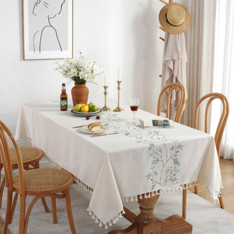 Elegant Botanical Embroidery Linen Tablecloth with Tassel Edges – Premium Soft Material 2