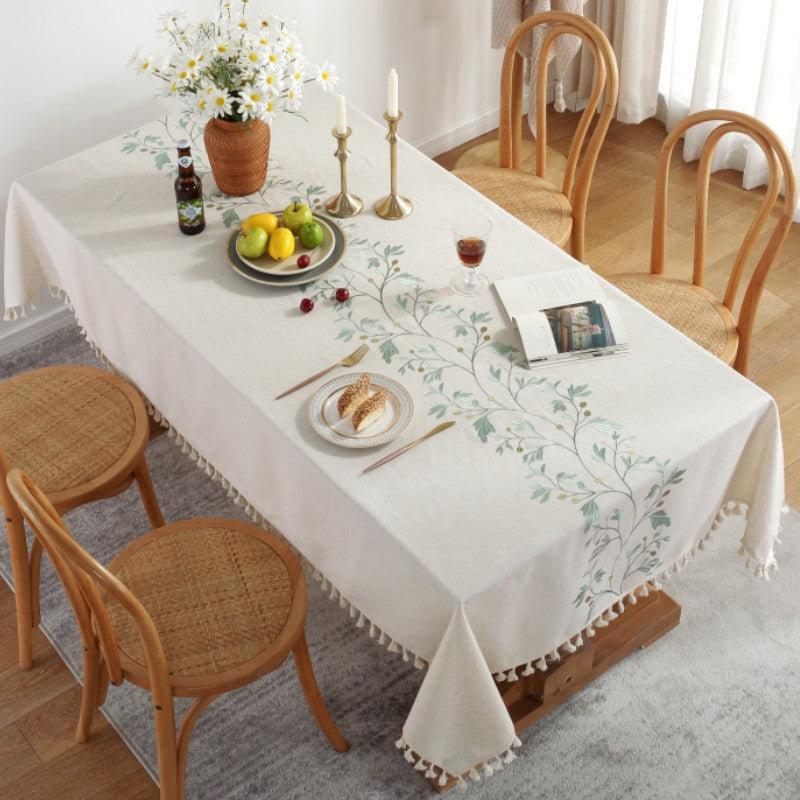 Elegant Botanical Embroidery Linen Tablecloth with Tassel Edges – Premium Soft Material 3
