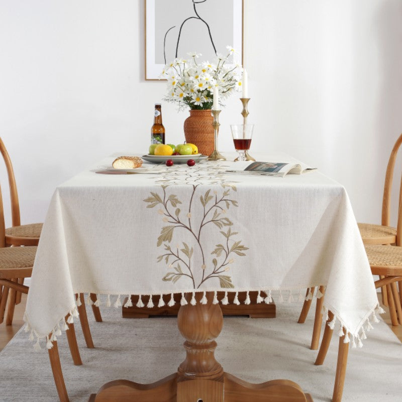 Elegant Botanical Embroidery Linen Tablecloth with Tassel Edges – Premium Soft Material 5