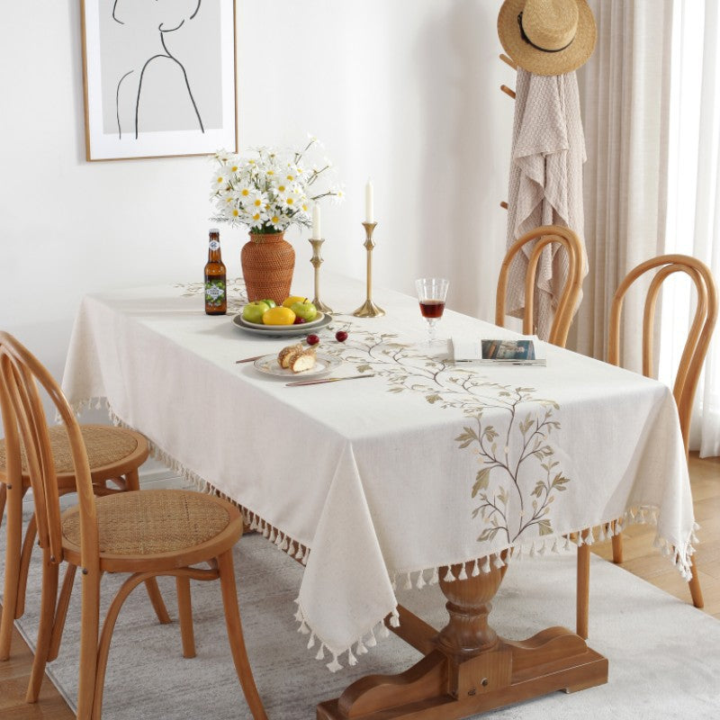 Elegant Botanical Embroidery Linen Tablecloth with Tassel Edges – Premium Soft Material 7