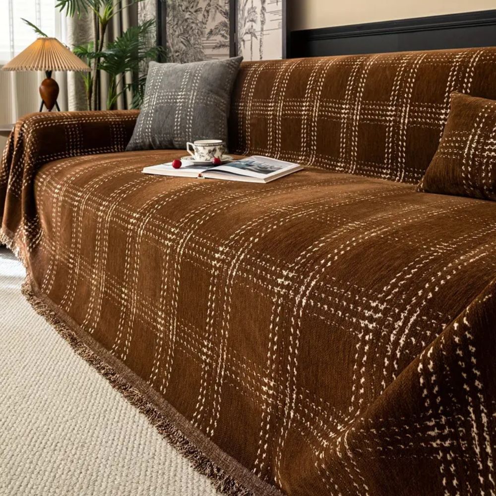 Elegant Chenille Sofa Cover – Classic Plaid Design with Anti-Slip, Machine Washable 0