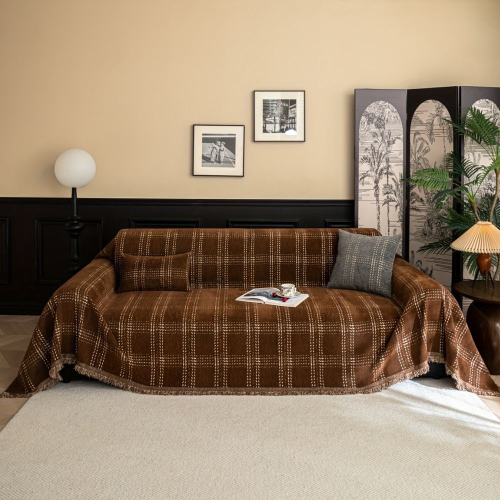 Elegant Chenille Sofa Cover – Classic Plaid Design with Anti-Slip, Machine Washable 1
