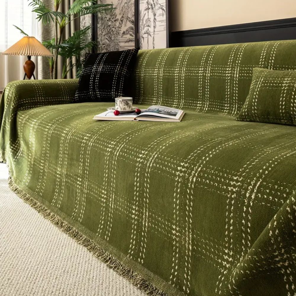 Elegant Chenille Sofa Cover – Classic Plaid Design with Anti-Slip, Machine Washable 2