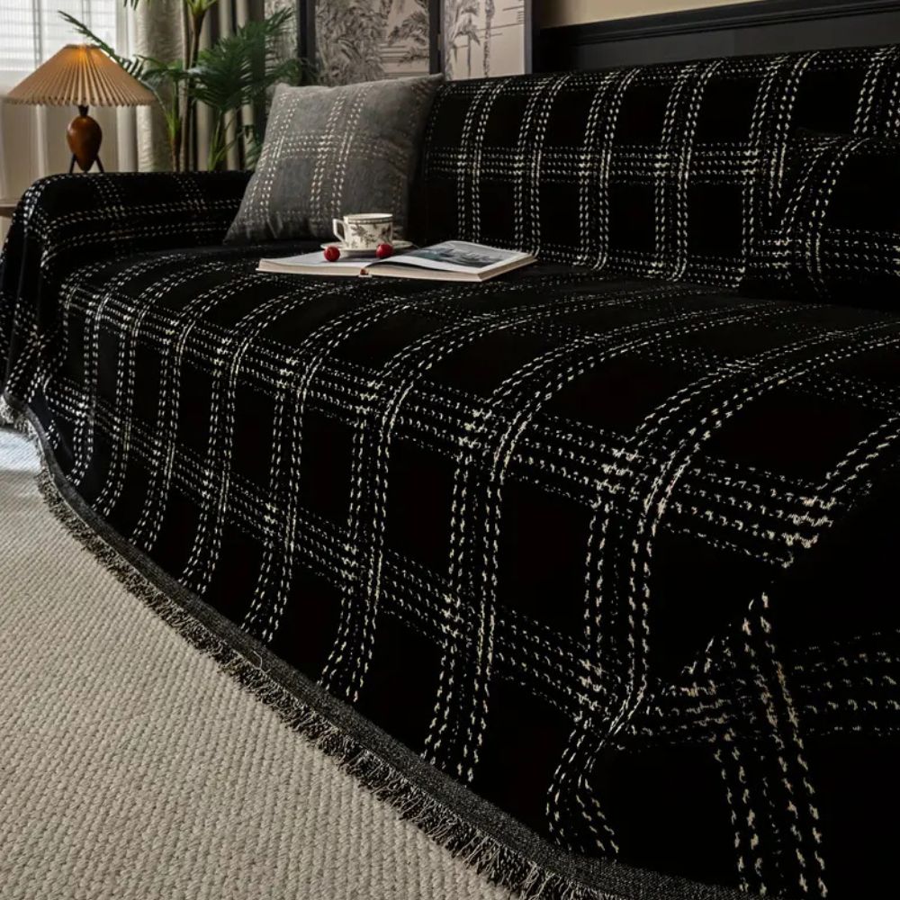 Elegant Chenille Sofa Cover – Classic Plaid Design with Anti-Slip, Machine Washable 3