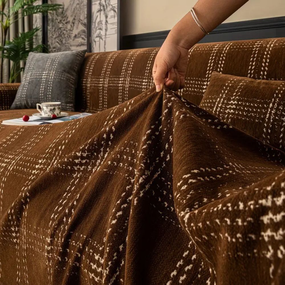 Elegant Chenille Sofa Cover – Classic Plaid Design with Anti-Slip, Machine Washable 4