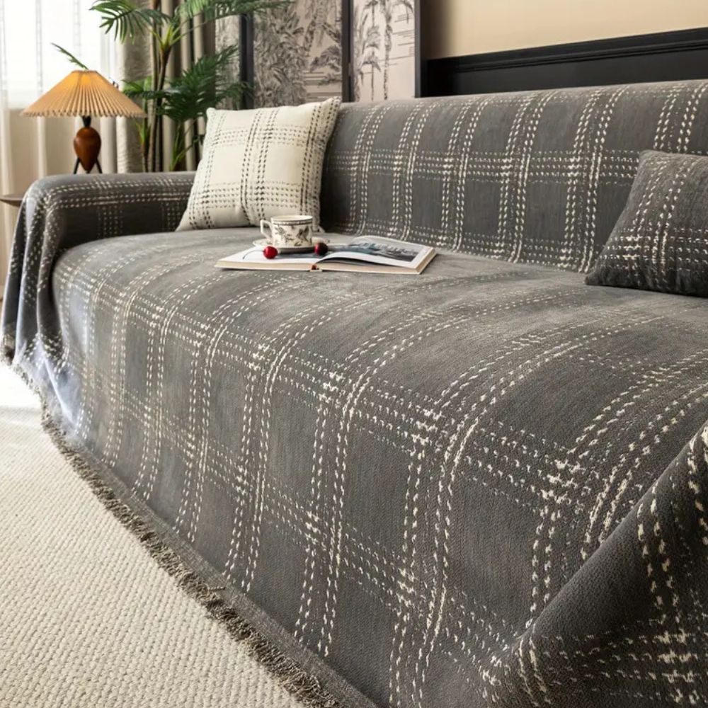 Elegant Chenille Sofa Cover – Classic Plaid Design with Anti-Slip, Machine Washable 5
