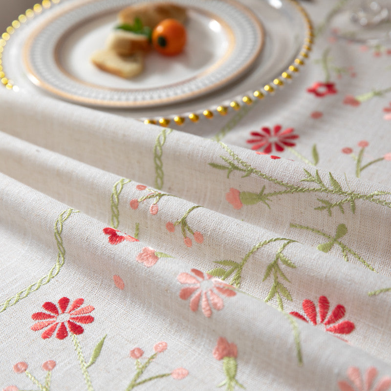 Elegant Floral Embroidered Linen Tablecloth – Premium Polyester Fabric with Stain Protection 1