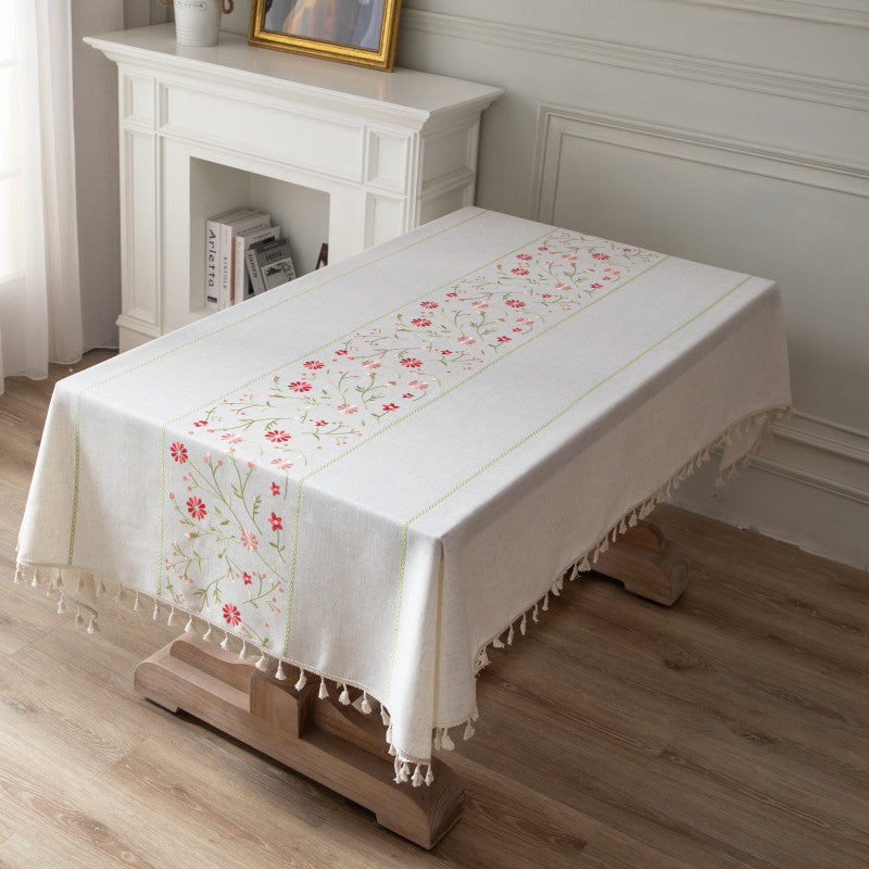 Elegant Floral Embroidered Linen Tablecloth – Premium Polyester Fabric with Stain Protection 4