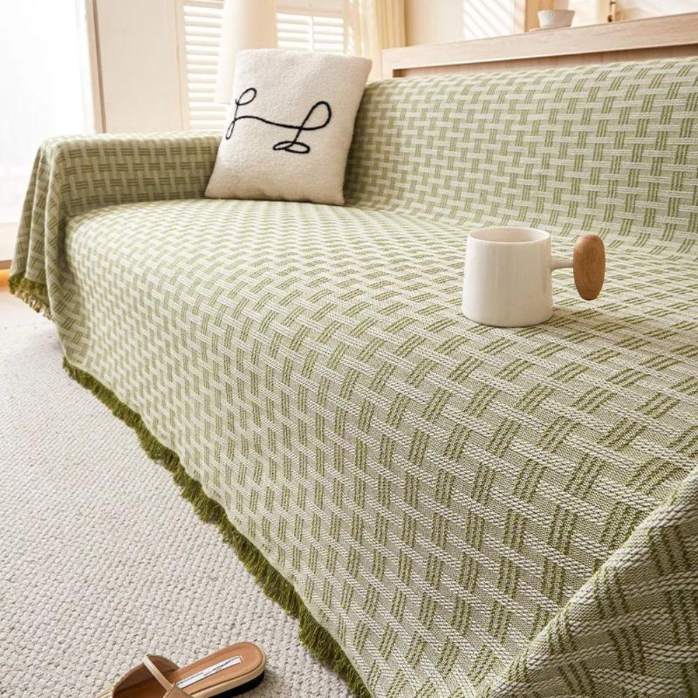 Elegant Geometric Sofa Cover – Soft Quilted Microfiber with Tassel Design 0