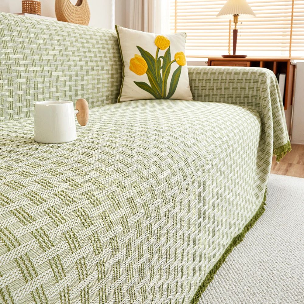 Elegant Geometric Sofa Cover – Soft Quilted Microfiber with Tassel Design 1