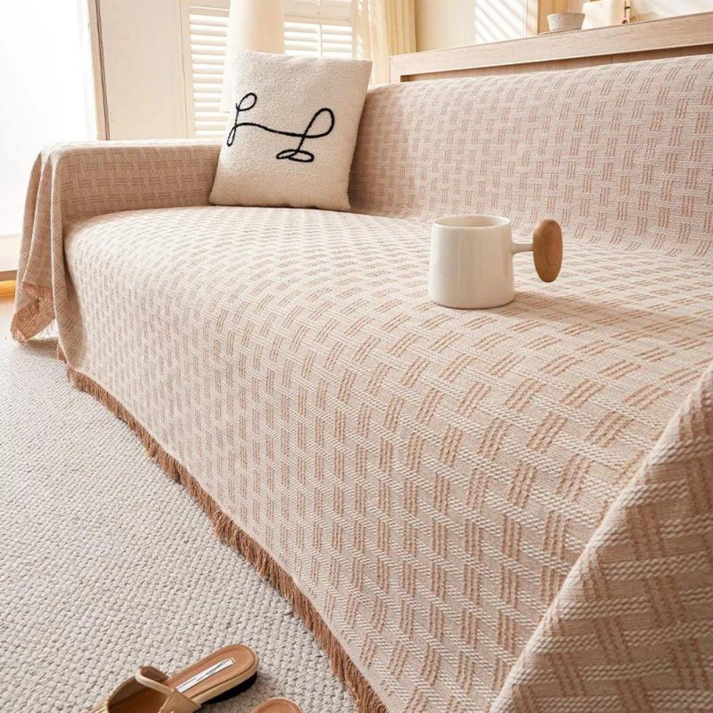 Elegant Geometric Sofa Cover – Soft Quilted Microfiber with Tassel Design 3