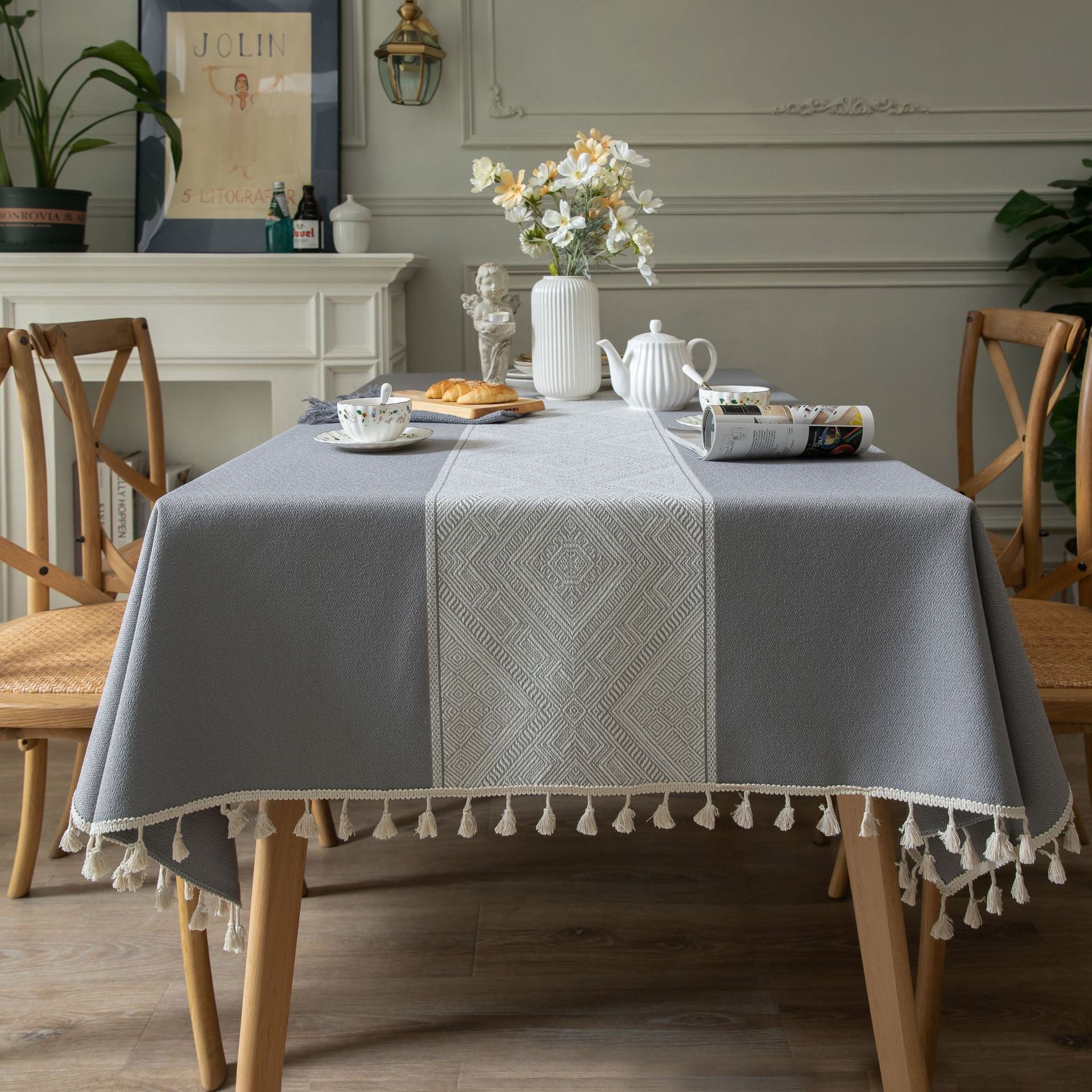 Elegant Geometric Square Tablecloth with Tassel Fringe – Durable Polyester for Modern Dining 11