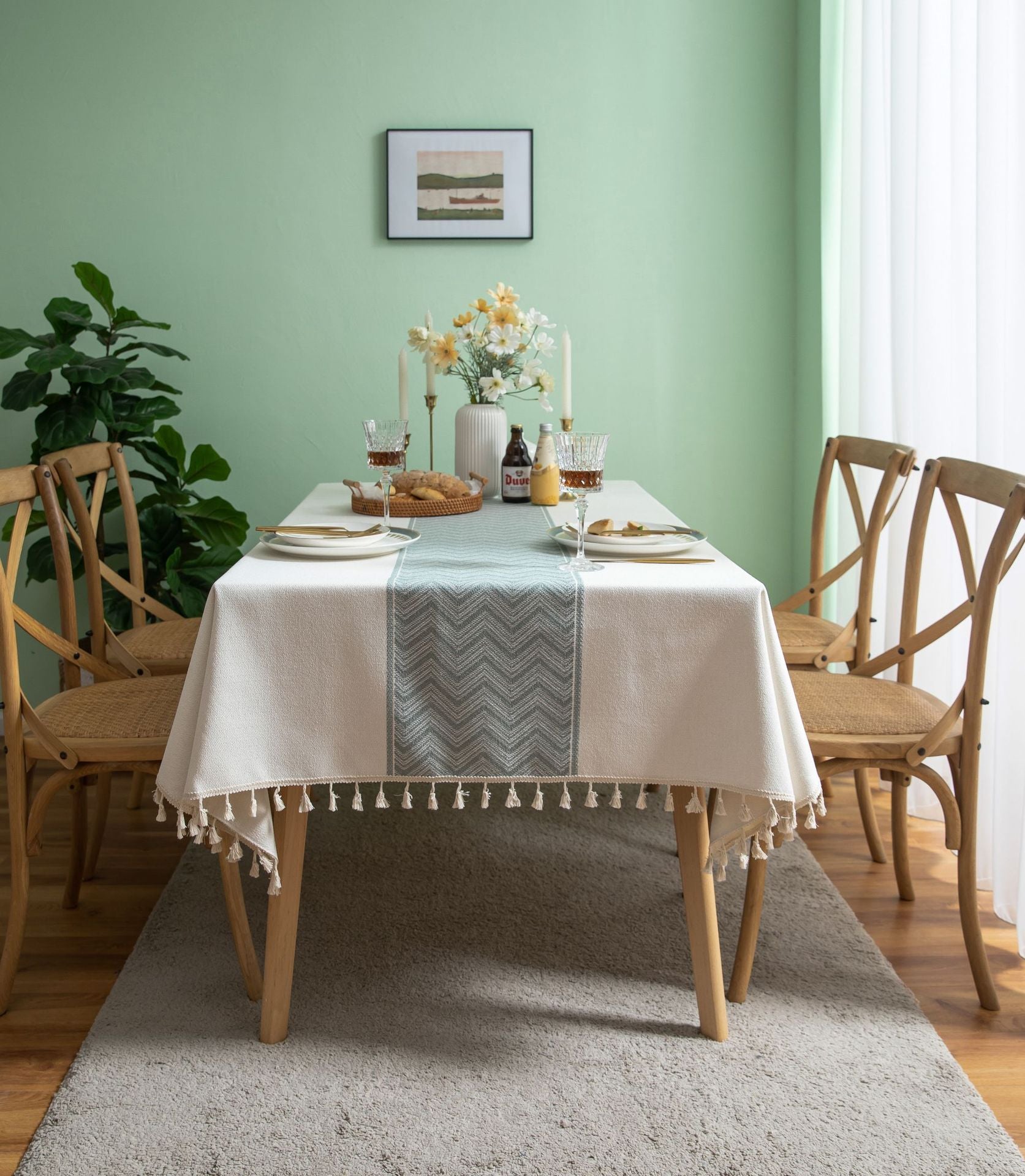 Elegant Geometric Square Tablecloth with Tassel Fringe – Durable Polyester for Modern Dining 5