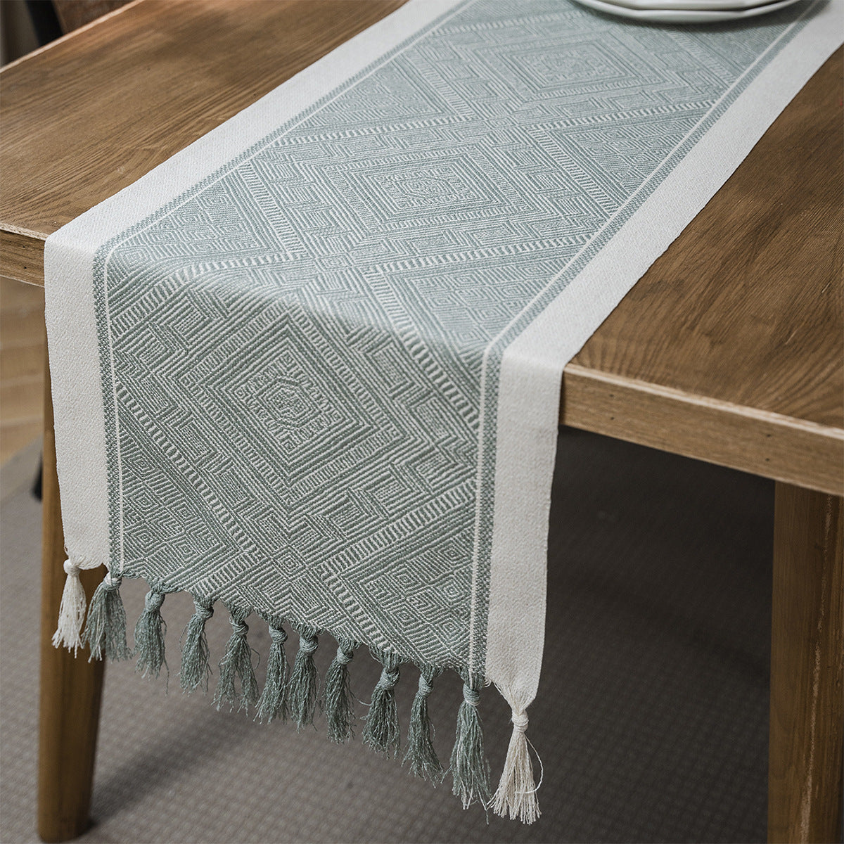 Elegant Geometric Table Runner with Hand-Tassel Edge in Durable Polyester and Linen 0