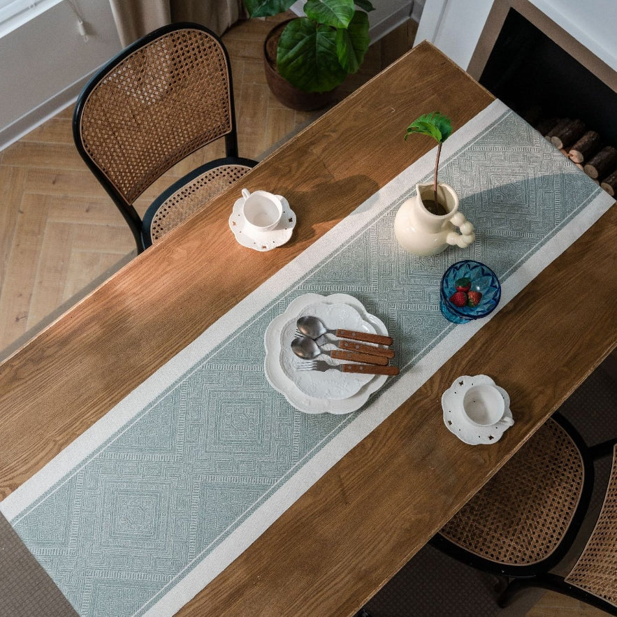 Elegant Geometric Table Runner with Hand-Tassel Edge in Durable Polyester and Linen 5