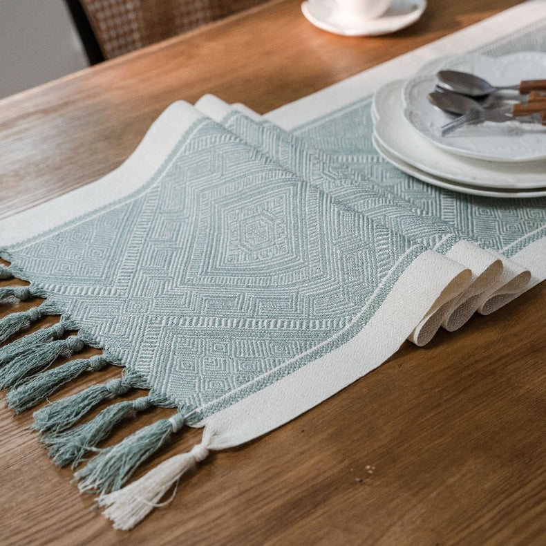 Elegant Geometric Table Runner with Hand-Tassel Edge in Durable Polyester and Linen 7