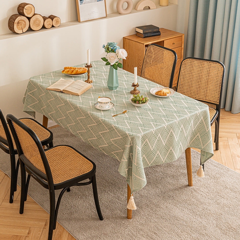 Elegant Geometric Wave Tablecloth with Tassel Trim  0