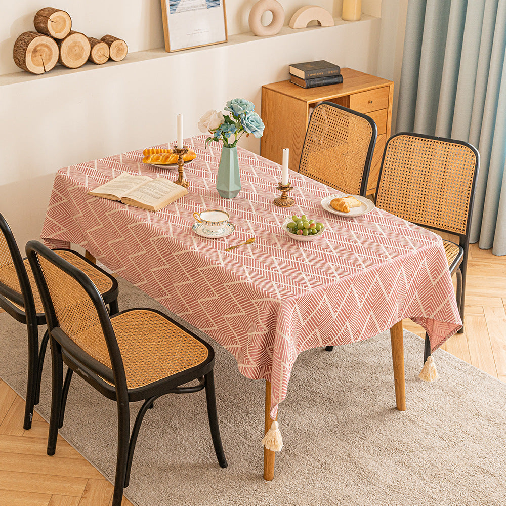 Elegant Geometric Wave Tablecloth with Tassel Trim  5