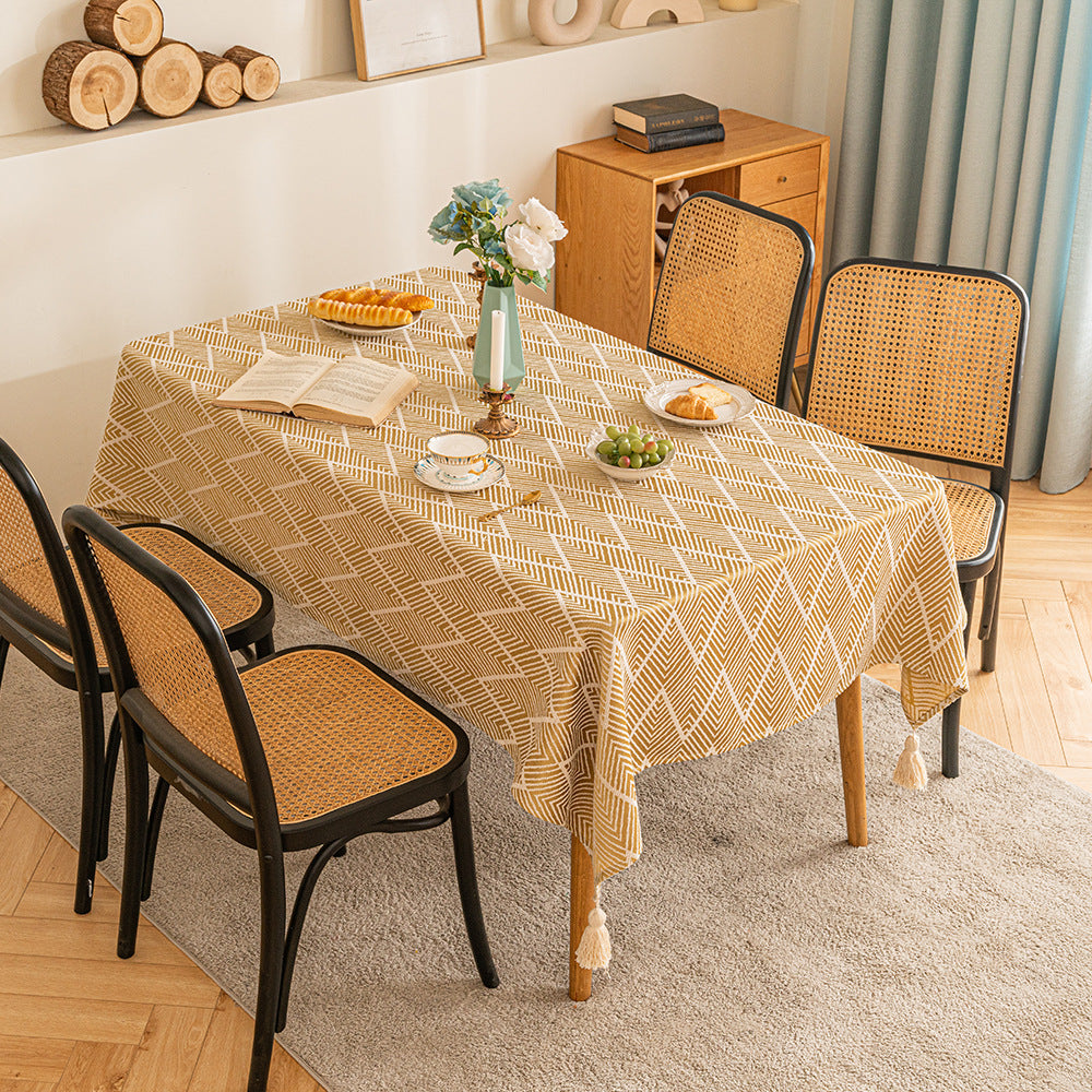 Elegant Geometric Wave Tablecloth with Tassel Trim  6
